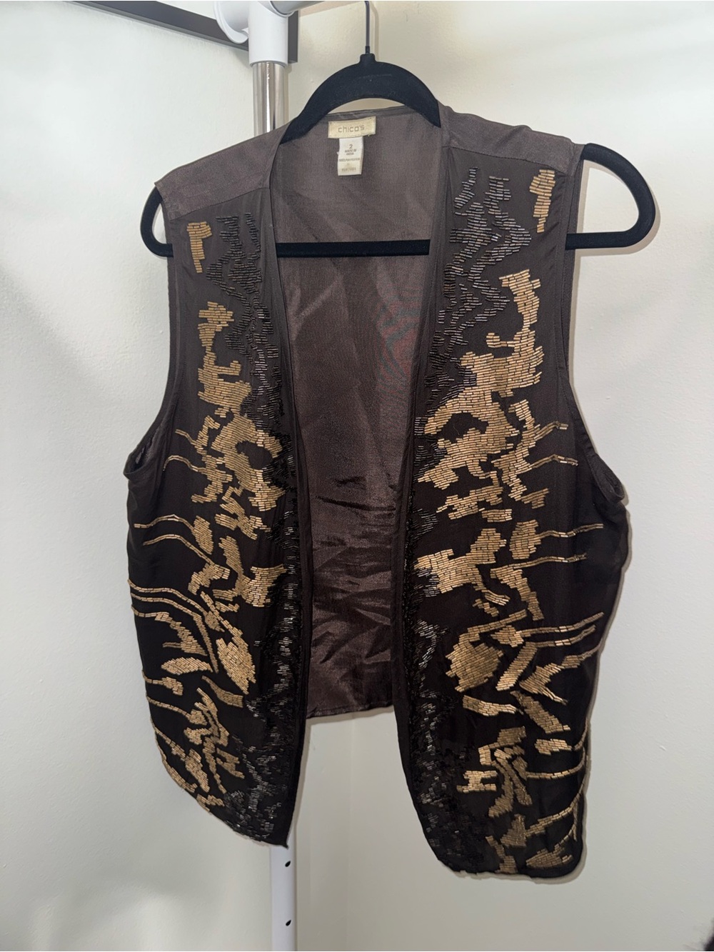 Chico's Brown Vest with Gold Sequin Pattern
